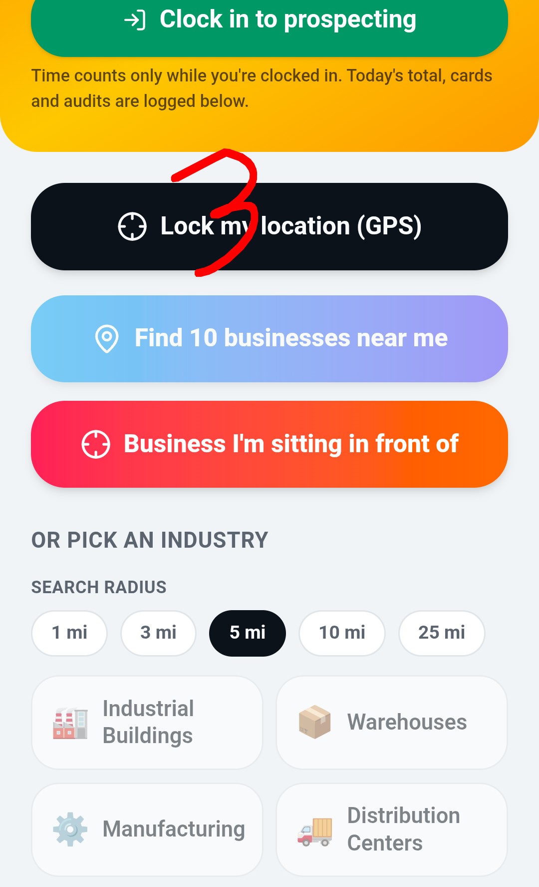 Cold calling screen with Lock my location GPS button highlighted