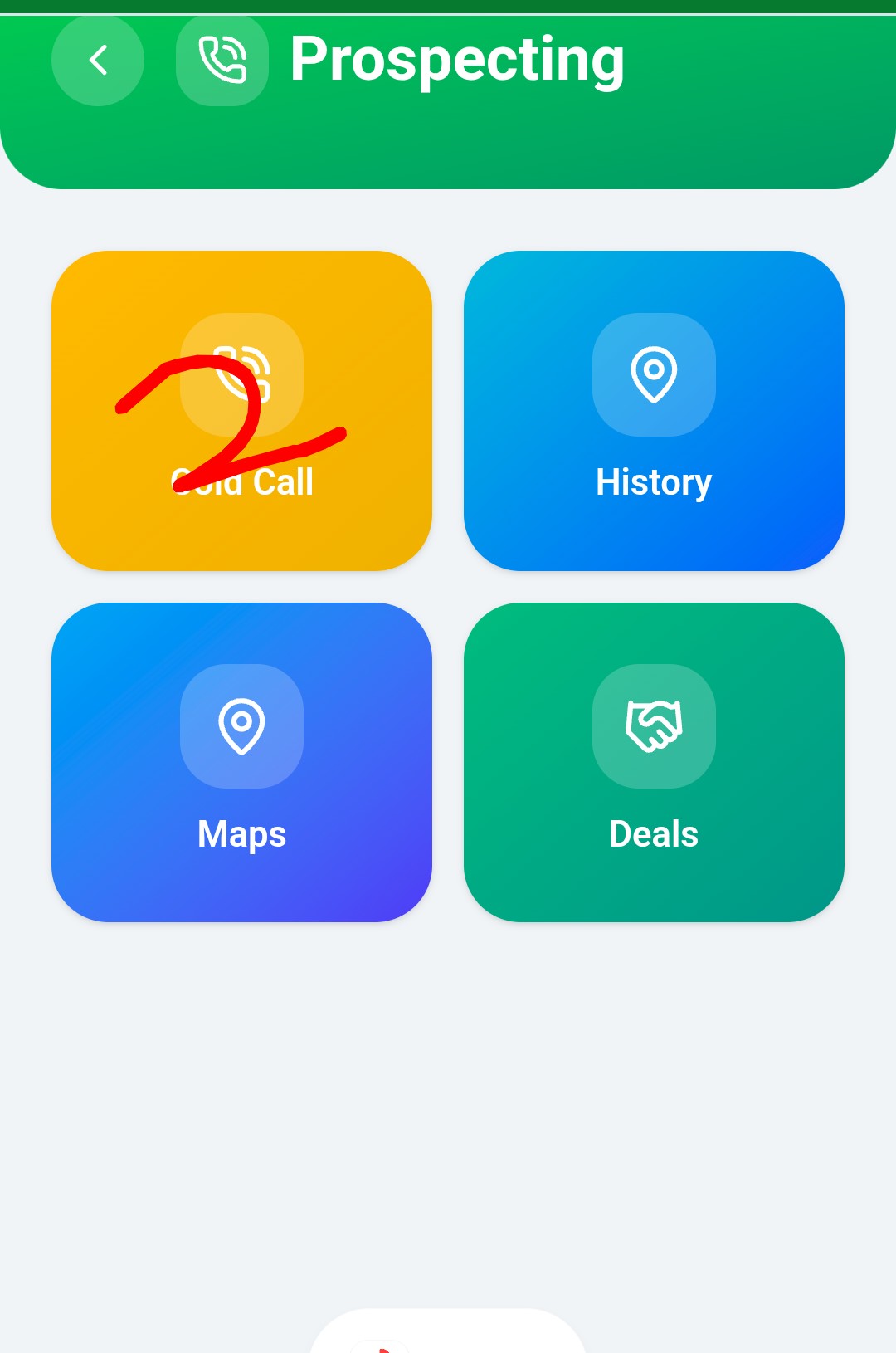 Prospecting menu with Cold Call, History, Maps and Deals
