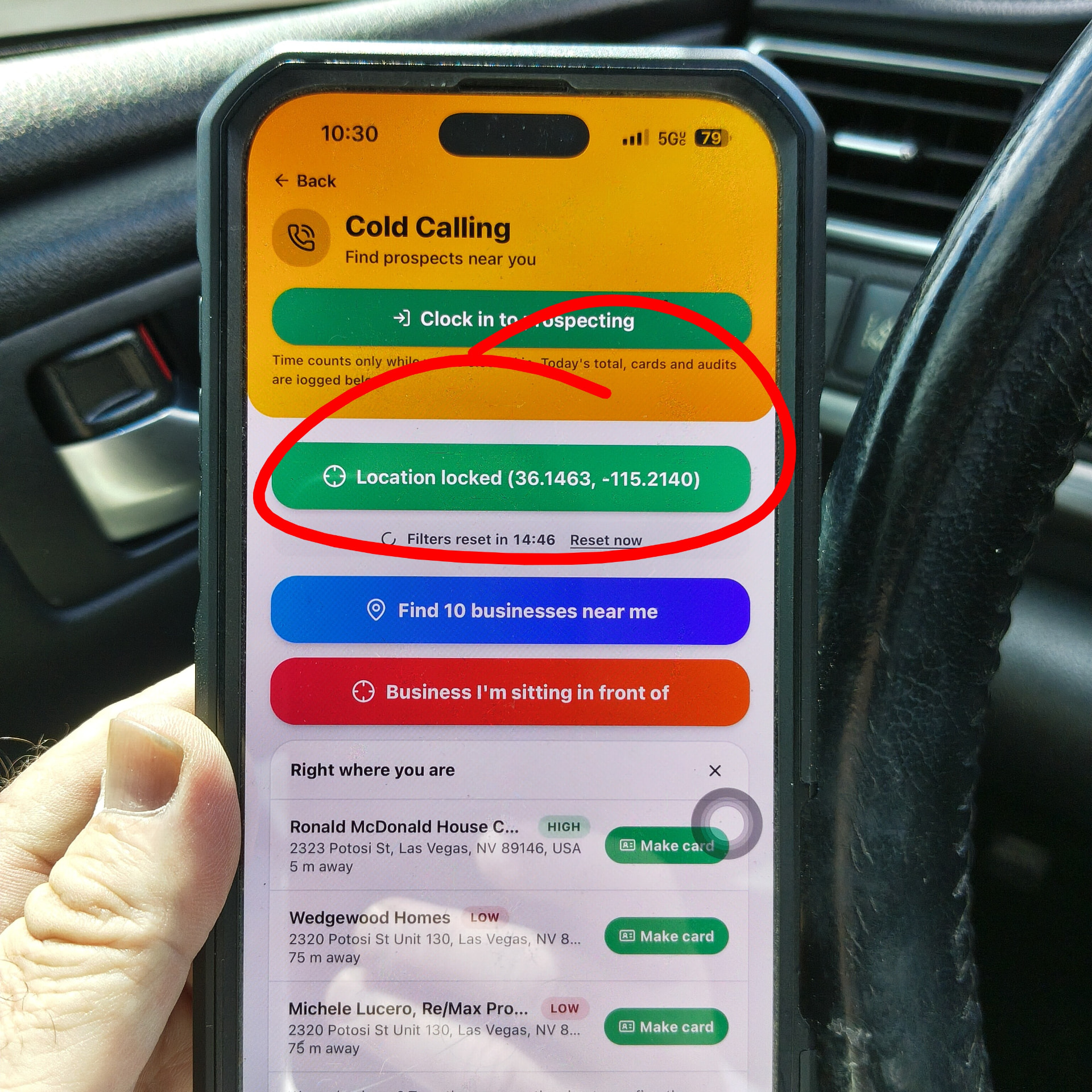 Phone showing location locked and nearby nonprofit prospects with Make card buttons