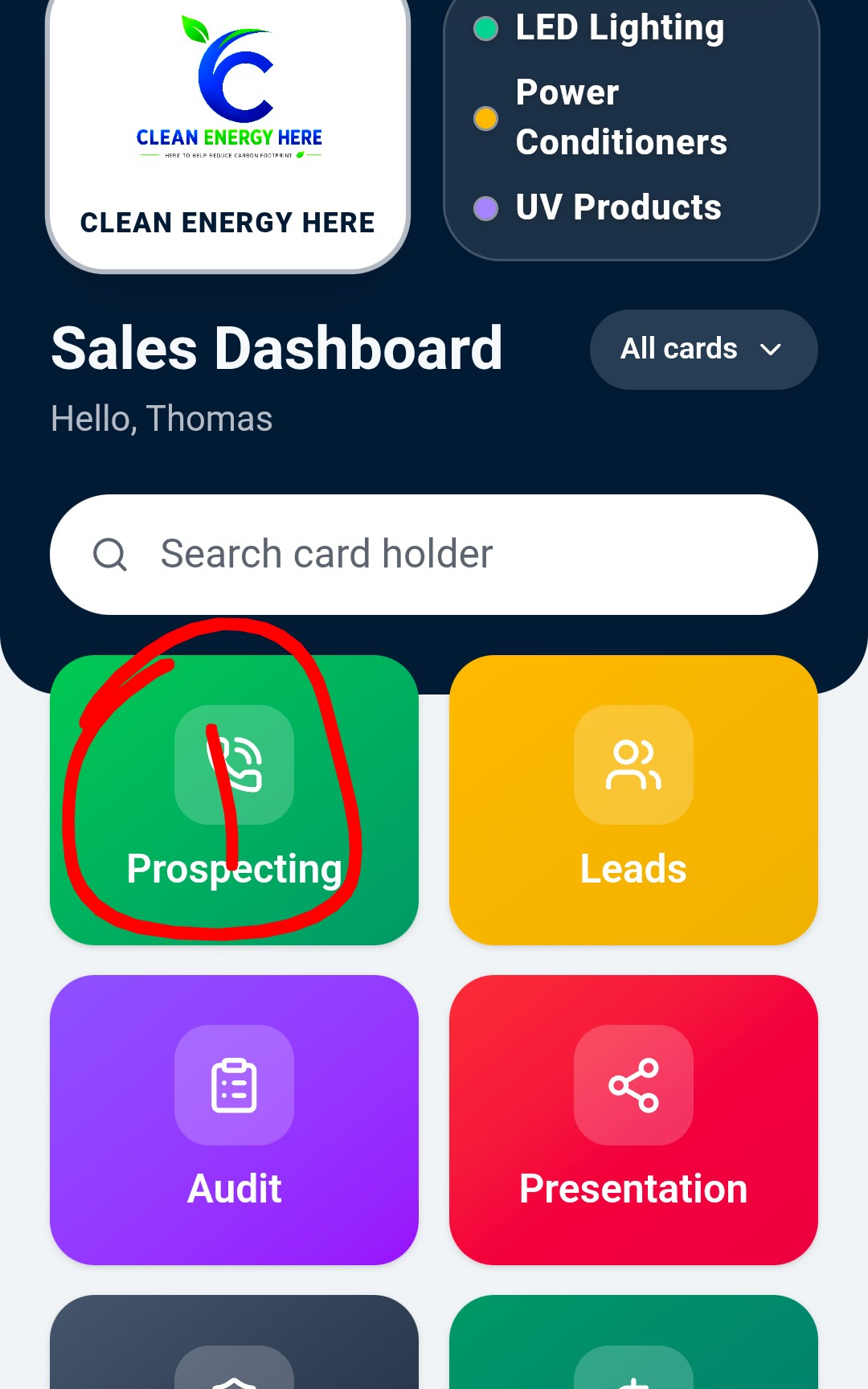 Clean Energy Card sales dashboard with Prospecting highlighted