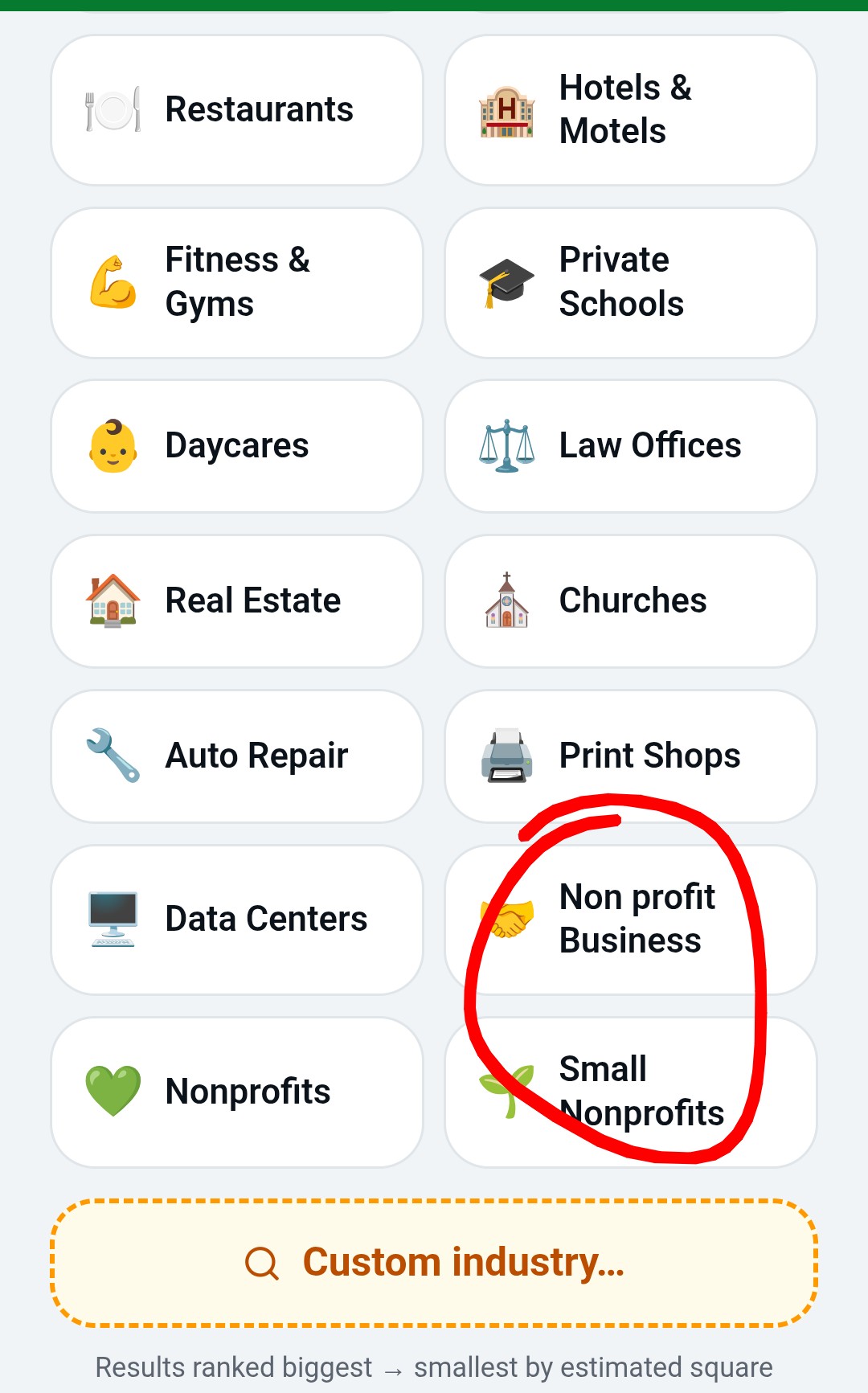 Industry picker with Non profit Business and Small Nonprofits highlighted