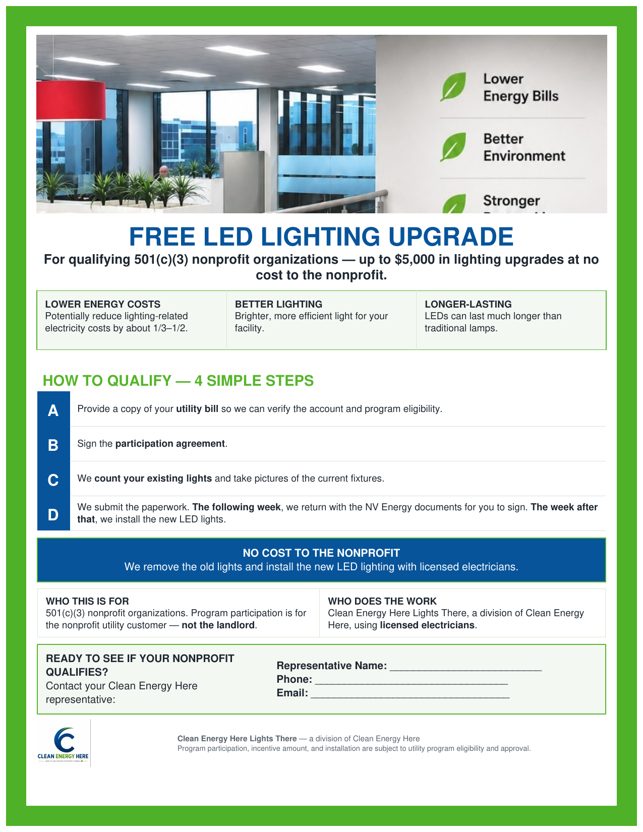 Free LED lighting upgrade flyer for qualifying 501(c)(3) nonprofits