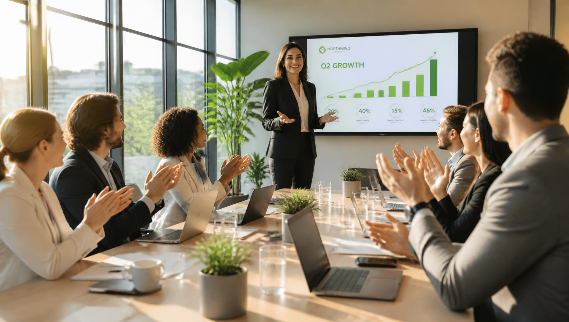 Presenter walking a team through results on a big screen in a sunlit conference room